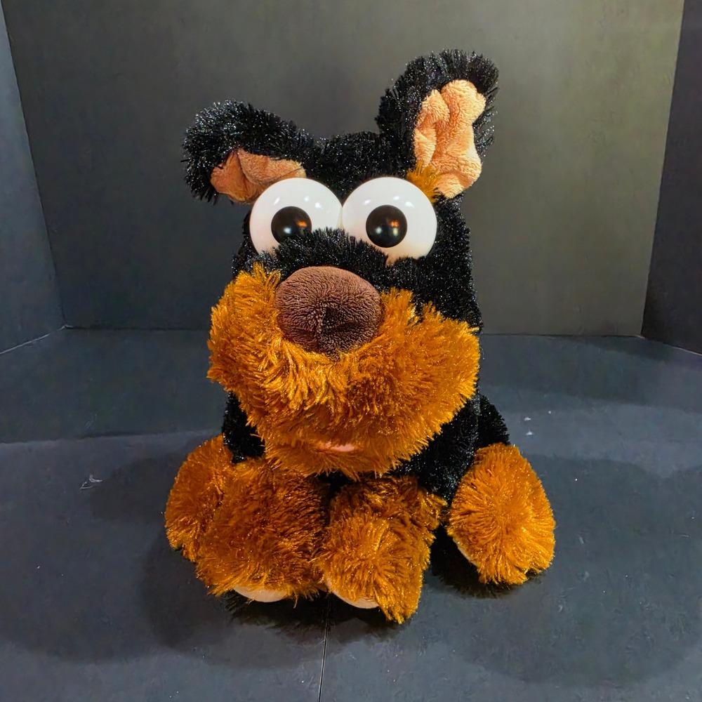 Dog Hand Puppet Black Tan Faux Fur Large Bulging Eyes Plush Toy